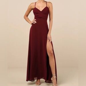 New Lulu’s Elegant Burgundy Backless Lace-Up Maxi Evening Gown, Sz Medium